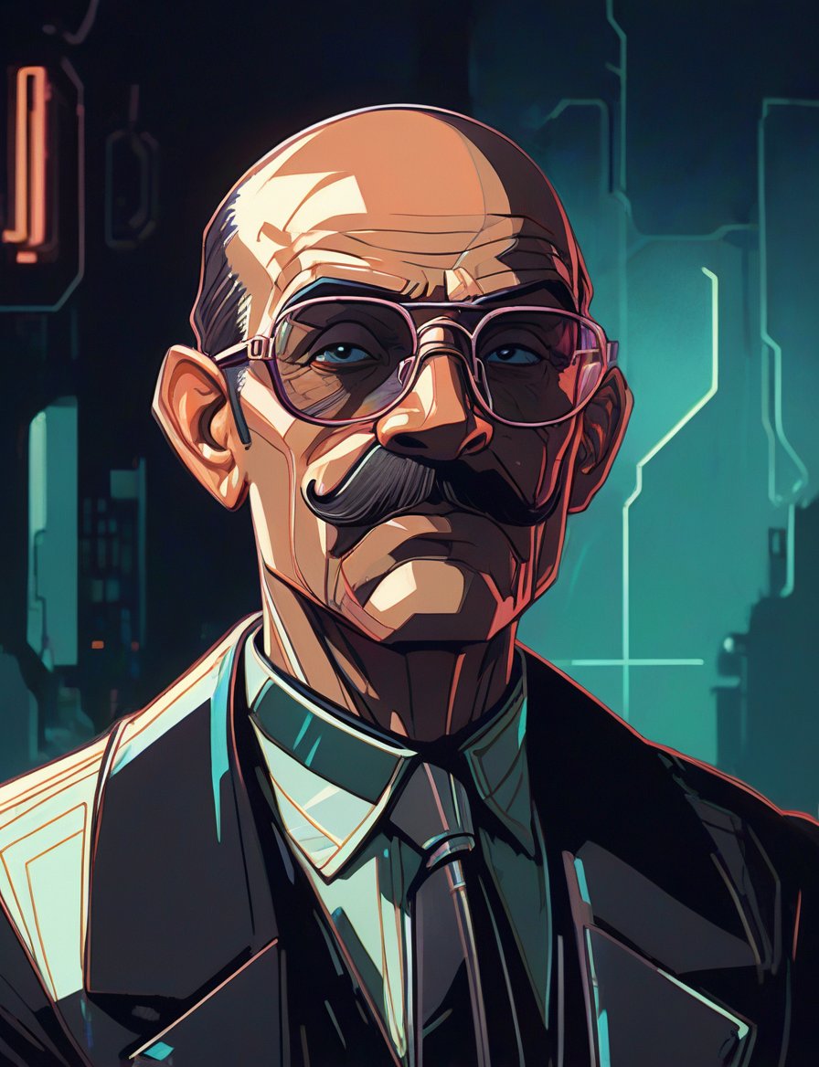 (head and shoulders portrait:1.2), anthropomorphic (cyberpunk:1.3) man with an amazing handlebar mustache, balding, holographic glasses, (outline sketch style:1.5), gritty fantasy, (art by Syd Mead:1.8), dark muted background, muted colors, detailed, 8k