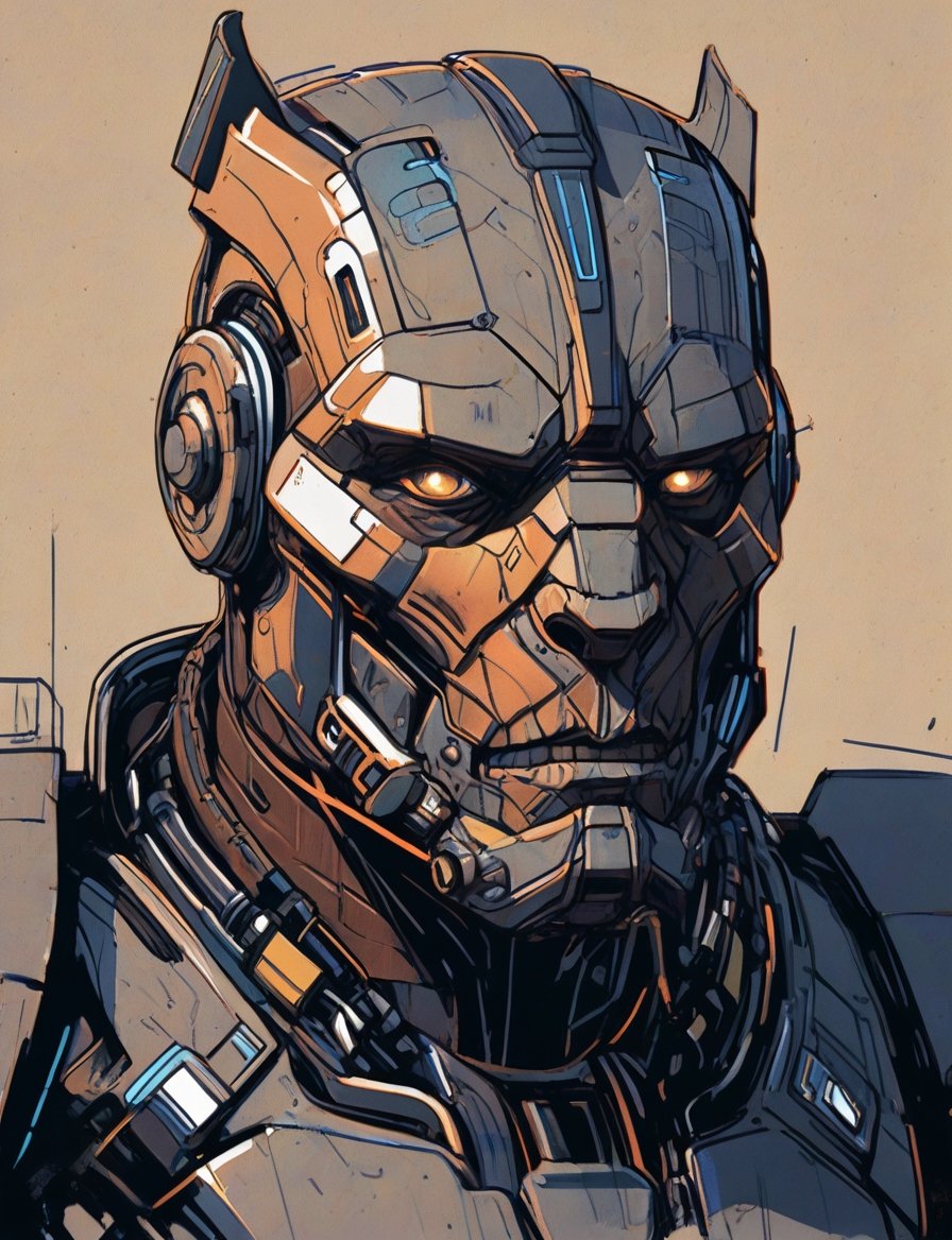 (head and shoulders portrait:1.2), anthropomorphic (cyberpunk:1.3) brute wearing armor (outline sketch style:1.5), gritty fantasy, (art by Syd Mead:1.8), dark muted background, muted colors, detailed, 8k