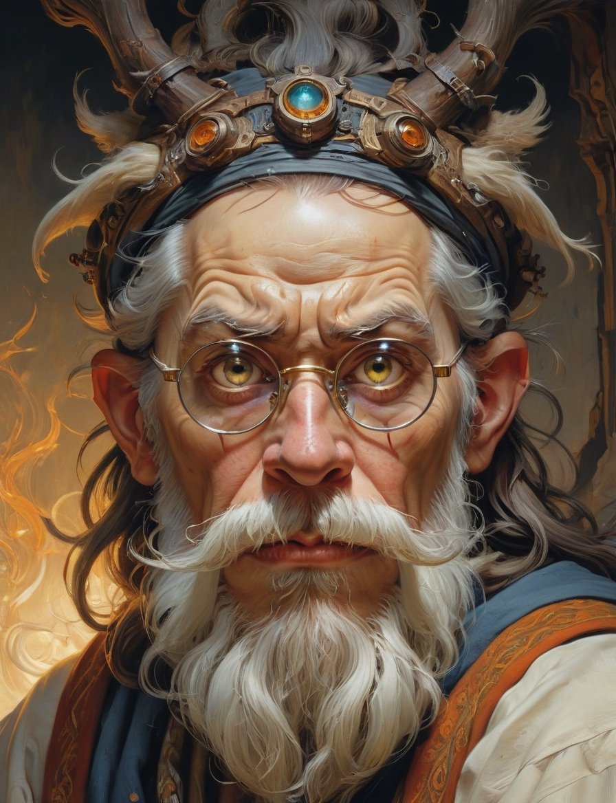 high fantasy world, wild eyed wizard wearing half-rim spectacles, looking intently at the viewer, menacing angry expression, glowing eyes, biomechanical, long beard , head and shoulders portrait , hyper-detailed oil painting, art by Greg Rutkowski and (Norman Rockwell:1.5) , illustration style, symmetry , mideval dungeon setting , huayu