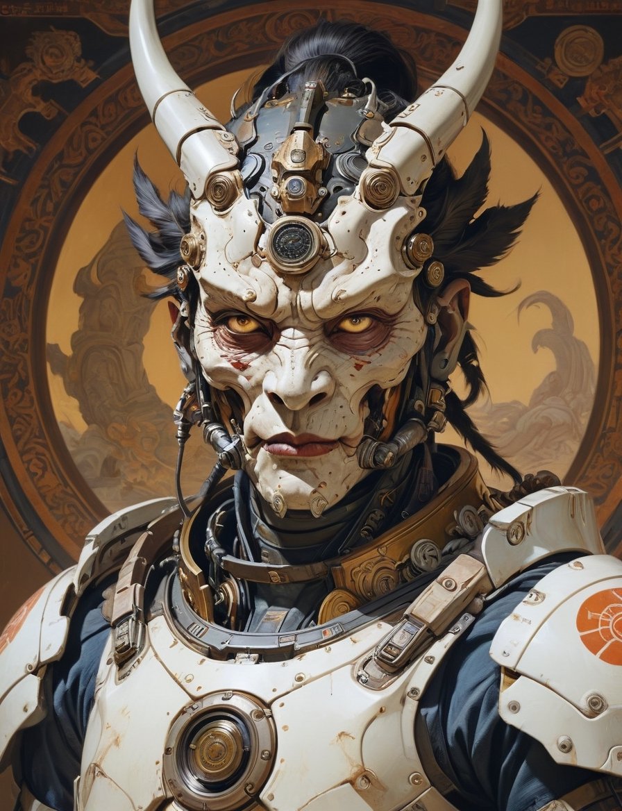 Sci-fi samurai cyborg wear full dragon power armor , head and shoulders portrait , hyper-detailed oil painting, art by Greg Rutkowski and (Norman Rockwell:1.5) , illustration style, symmetry , inside alien starship interior , huayu