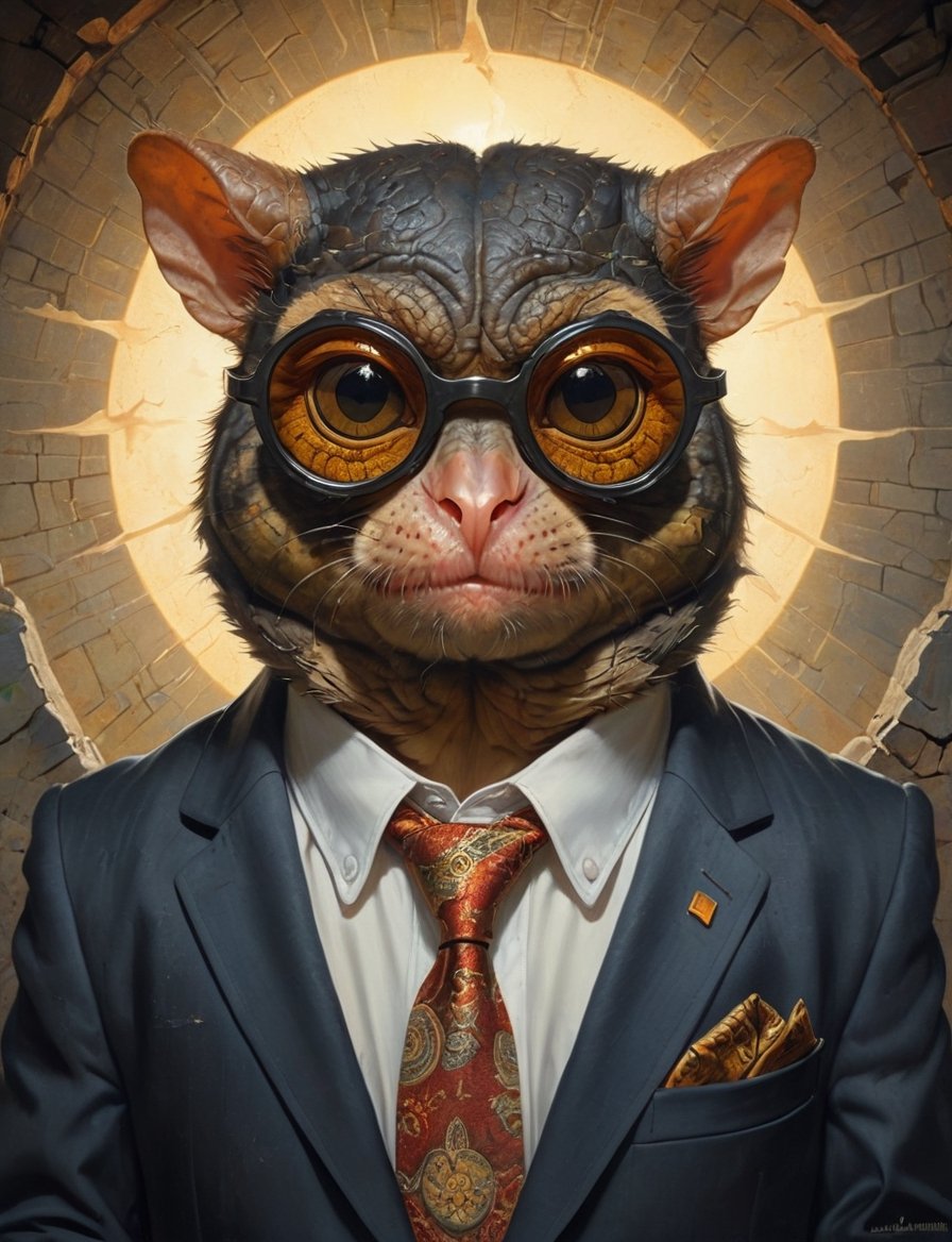 creative magic creature art, creature fusion ( tarsier :1.4) (reptile :1.8), (sun glasses :2), wearing business suit, glowing eyes, head and shoulders portrait , hyper-detailed oil painting, art by Greg Rutkowski and (Norman Rockwell:1.5) , illustration style, symmetry , inside a medieval dungeon, cracked stone walls , huayu