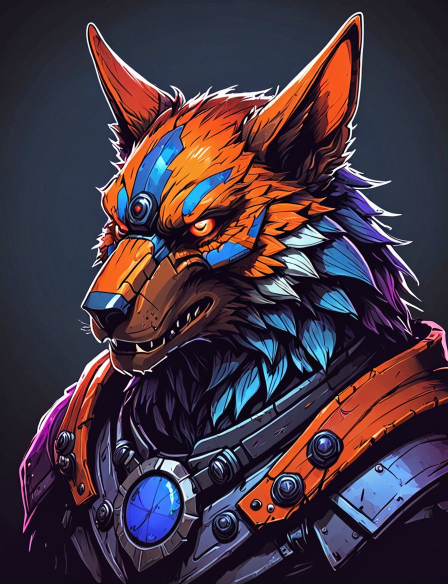 (close up, head and shoulders portrait:1.3), orange and red gradient , (anthromorphic eagle wolf :1.6), moth ears, wearing blue and violet sci-fi polycarbonate armor, (strong outline sketch style:1.5), gritty fantasy, (darkest dungeon art style :1.4), dark muted background, detailed