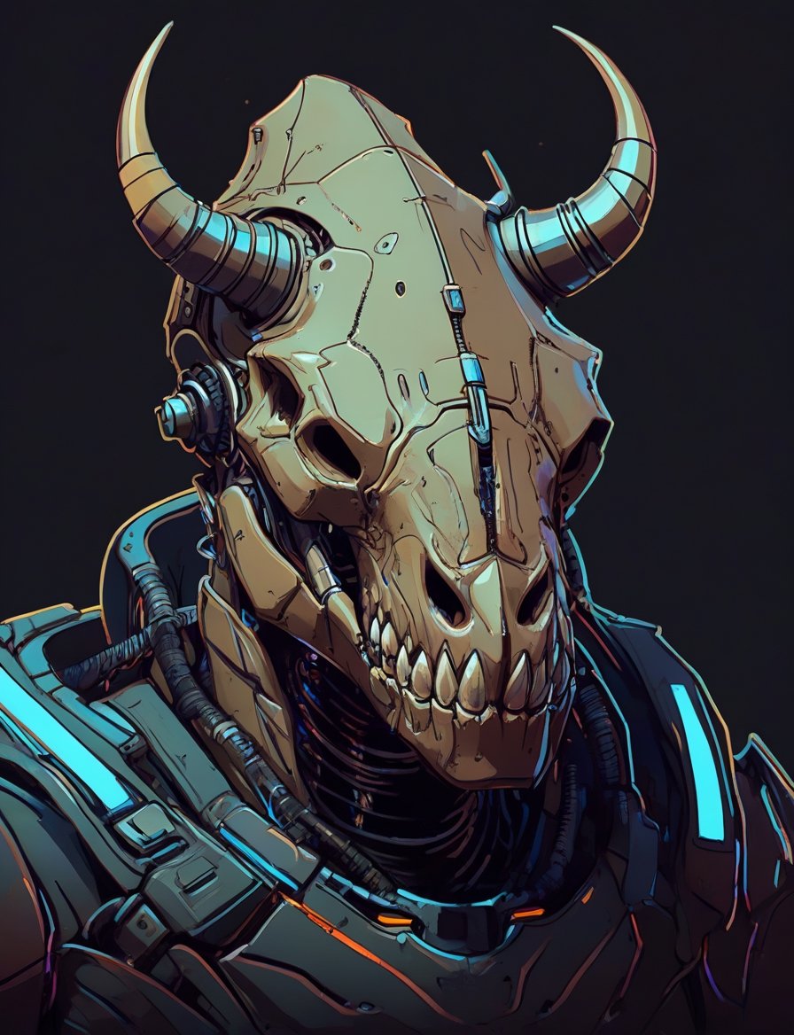 (head and shoulders portrait:1.2), anthropomorphic (cyberpunk:1.3) rhino skull outline sketch style:1.5), gritty fantasy, (art by Syd Mead:1.8), dark muted background, muted colors, detailed, 8k