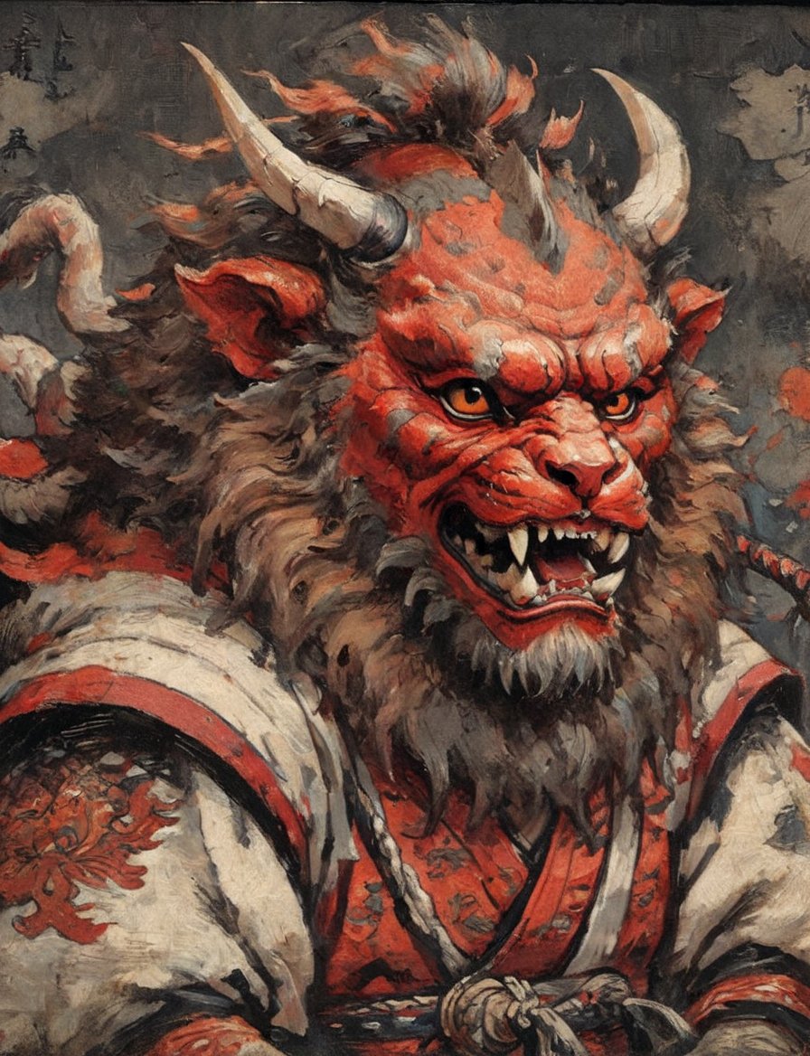 (close up, head and shoulders portrait:1.3), anthromorphic ( manticore :1.6), oni_horns, samurai , samurai armor , brown, red, orange, white and black color scheme , (dark background:1.2), Ukiyo-e,ink,colorful,shogun