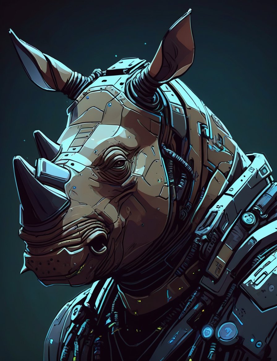 (head and shoulders portrait:1.2), anthropomorphic (cyberpunk:1.3) rhino outline sketch style:1.5), gritty fantasy, (art by Syd Mead:1.8), dark muted background, muted colors, detailed, 8k