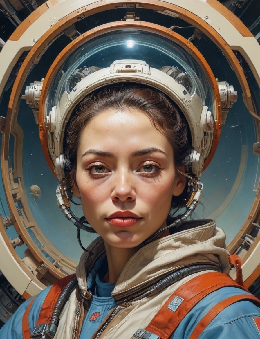 Sci-fi Martian , head and shoulders portrait , hyper-detailed oil painting, art by Greg Rutkowski and (Norman Rockwell:1.5) , illustration style, symmetry , inside alien starship interior , huayu