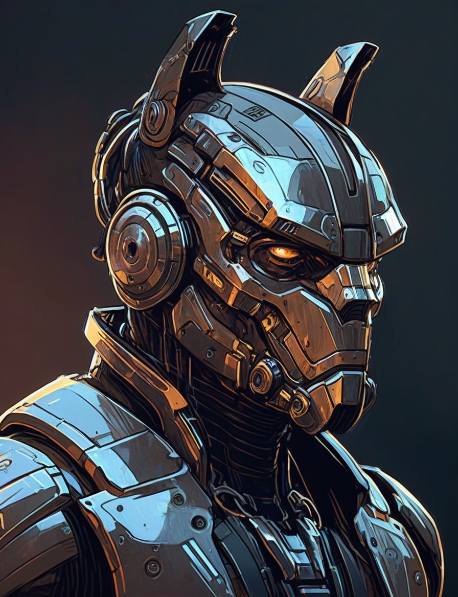 (head and shoulders portrait:1.2), anthropomorphic (cyberpunk:1.3) brute wearing armor (outline sketch style:1.5), gritty fantasy, (art by Syd Mead:1.8), dark muted background, muted colors, detailed, 8k