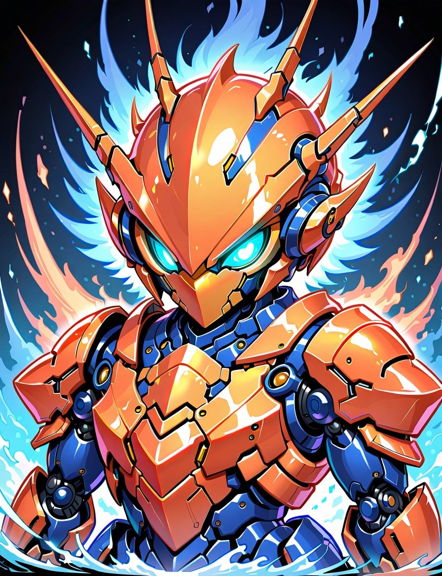 head and shoulder portrait, 1 spider robot, (solo robot:2) , mechanical features, mechanical joints, fantasy, dark background, giant robot, orange, red,  and blue color scheme, symmetrical features,baby dragon