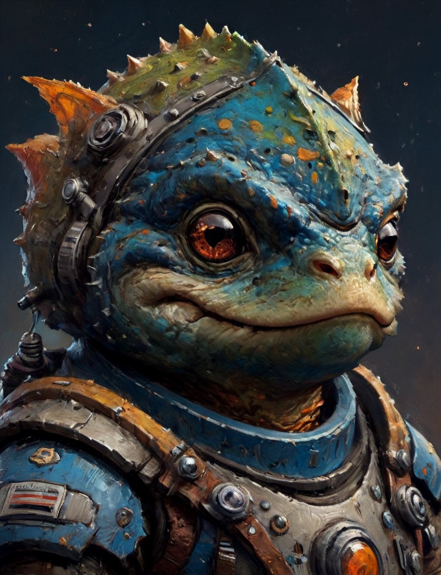 (close up, head and shoulders portrait:1.3), anthromorphic, High tech cybernetic toad, futuristic power armor, bounty hunter , triadic colors, moonster