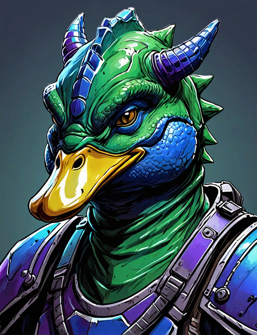 (close up, head and shoulders portrait:1.3), green and blue gradient , (anthromorphic duck triceritops :1.6), wearing blue and violet sci-fi polycarbonate armor, (strong outline sketch style:1.5), gritty fantasy, (darkest dungeon art style :1.4), dark muted background, detailed