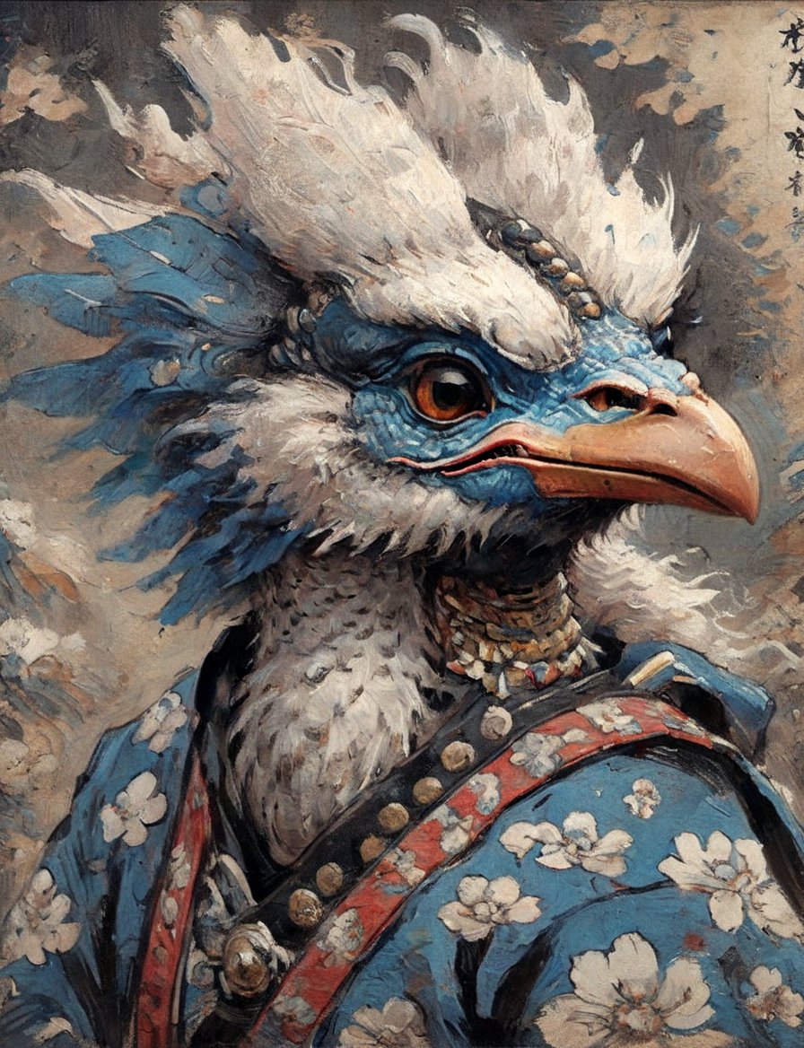 (close up, head and shoulders portrait:1.3), anthromorphic ( ostrich :1.2) dragon, samurai , black samurai armor, brown, blue , white and black color scheme , (dark background:1.2), Disney pixar style,Ukiyo-e,ink,colorful,shogun