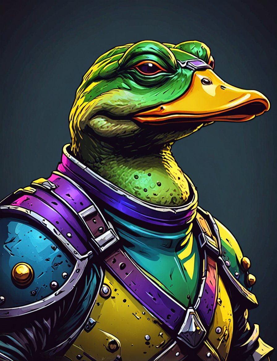 (close up, head and shoulders portrait:1.3), yellow and green gradient , (anthromorphic duck toad :1.6), wearing blue and violet sci-fi polycarbonate armor, (strong outline sketch style:1.5), gritty fantasy, (darkest dungeon art style :1.4), dark muted background, detailed