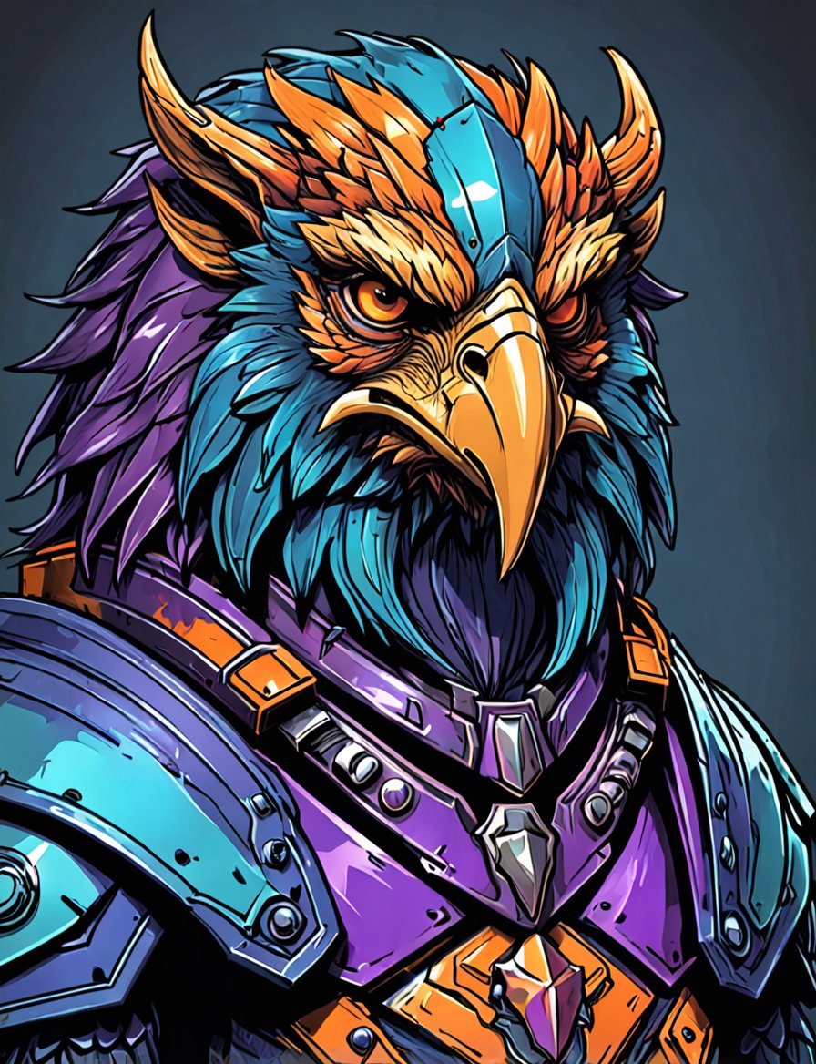 (close up, head and shoulders portrait:1.3), tangerine and teal, (anthromorphic eagle manticore:1.6), wearing blue and violet sci-fi polycarbonate armor, (strong outline sketch style:1.5), gritty fantasy, (darkest dungeon art style :1.4), dark muted background, detailed