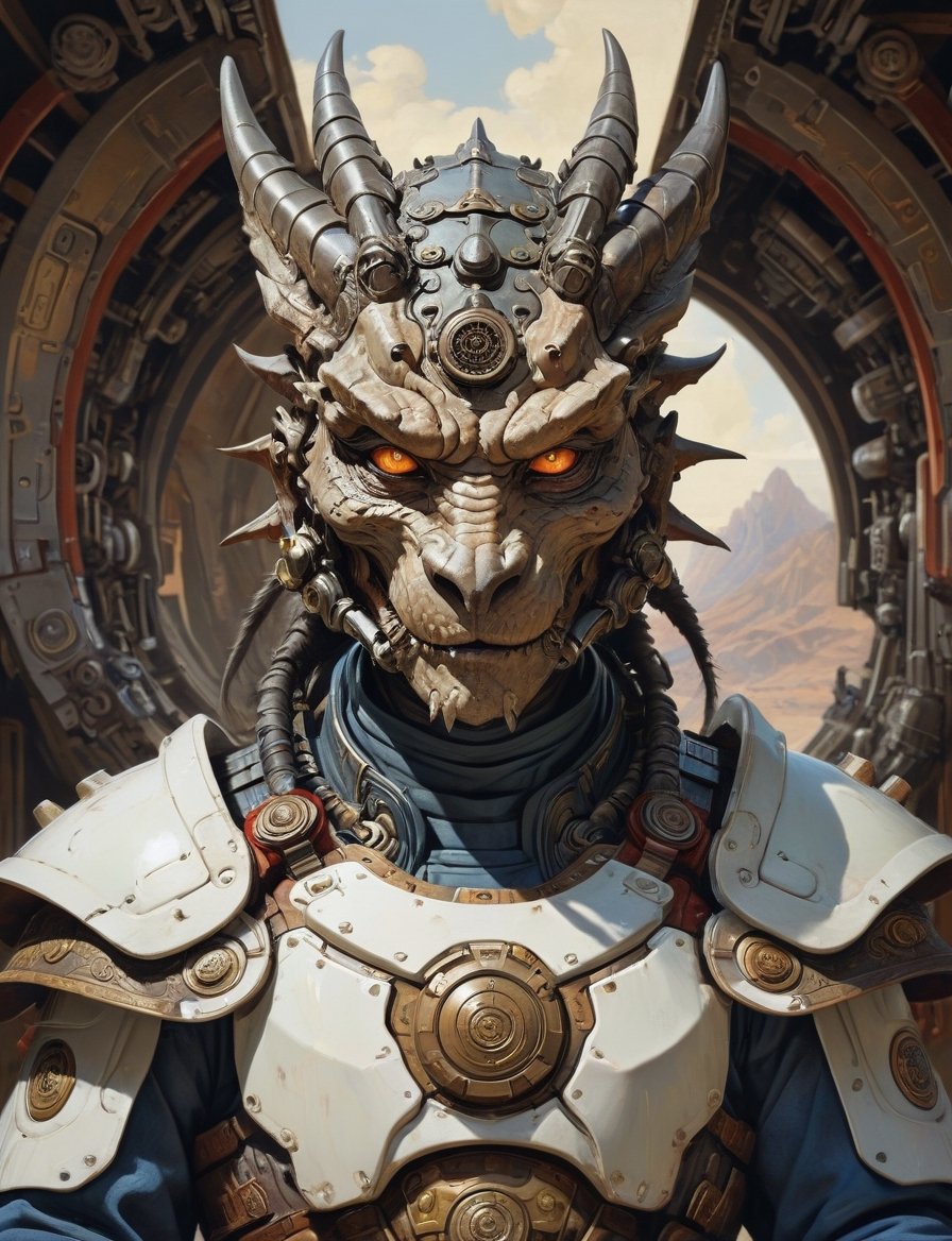 Sci-fi dragon samurai cyborg wear full power armor , head and shoulders portrait , hyper-detailed oil painting, art by Greg Rutkowski and (Norman Rockwell:1.5) , illustration style, symmetry , inside alien starship interior , huayu