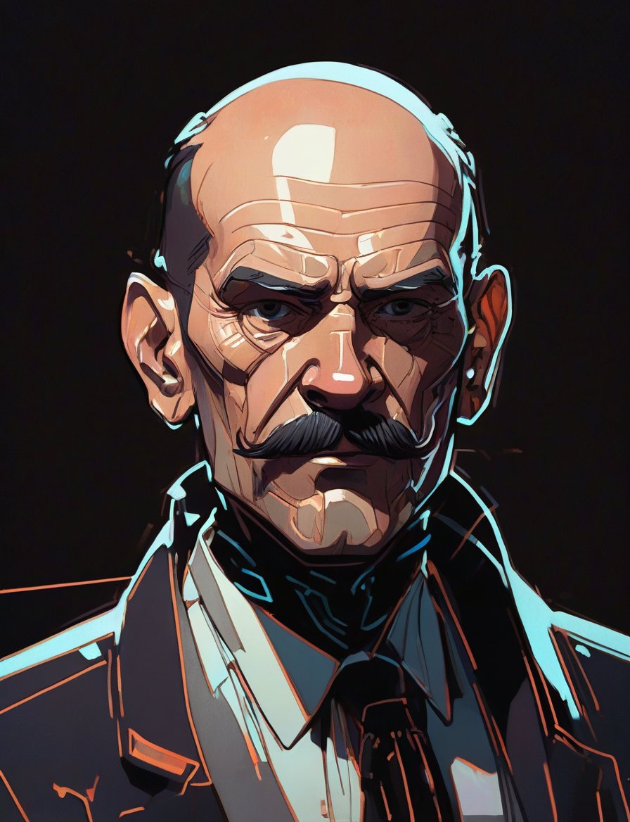 (head and shoulders portrait:1.2), anthropomorphic (cyberpunk:1.3) man with an amazing handlebar mustache, balding, (outline sketch style:1.5), gritty fantasy, (art by Syd Mead:1.8), dark muted background, muted colors, detailed, 8k