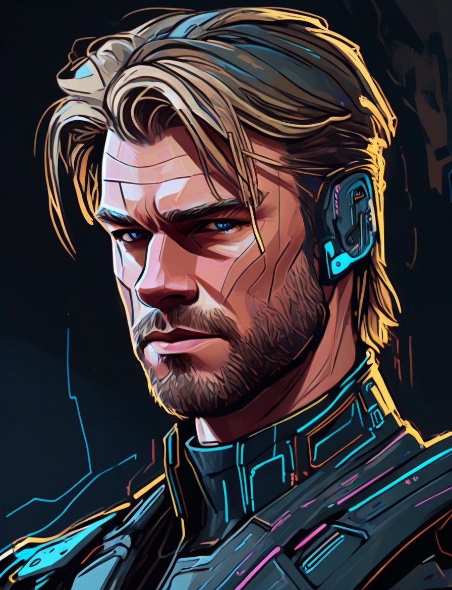 (head and shoulders portrait:1.2), anthropomorphic (cyberpunk:1.3) chris hemsworth outline sketch style:1.5), gritty fantasy, (art by Syd Mead:1.8), dark muted background, muted colors, detailed, 8k