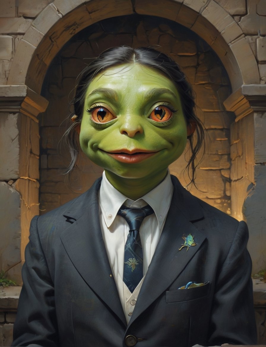 creative magic creature art, creature fusion ( kermit :1.6) (dragon :1.8), female, eyelashes, (bioluminescence :2), wearing business suit, glowing eyes, head and shoulders portrait , hyper-detailed oil painting, art by Greg Rutkowski and (Norman Rockwell:1.5) , illustration style, symmetry , inside a medieval dungeon, cracked stone walls , huayu