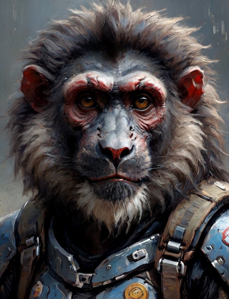 head and shoulders portrait, anthromorphic Lion-tailed macaque , a hard-boiled atmosphere, futuristic power armor, bounty hunter 