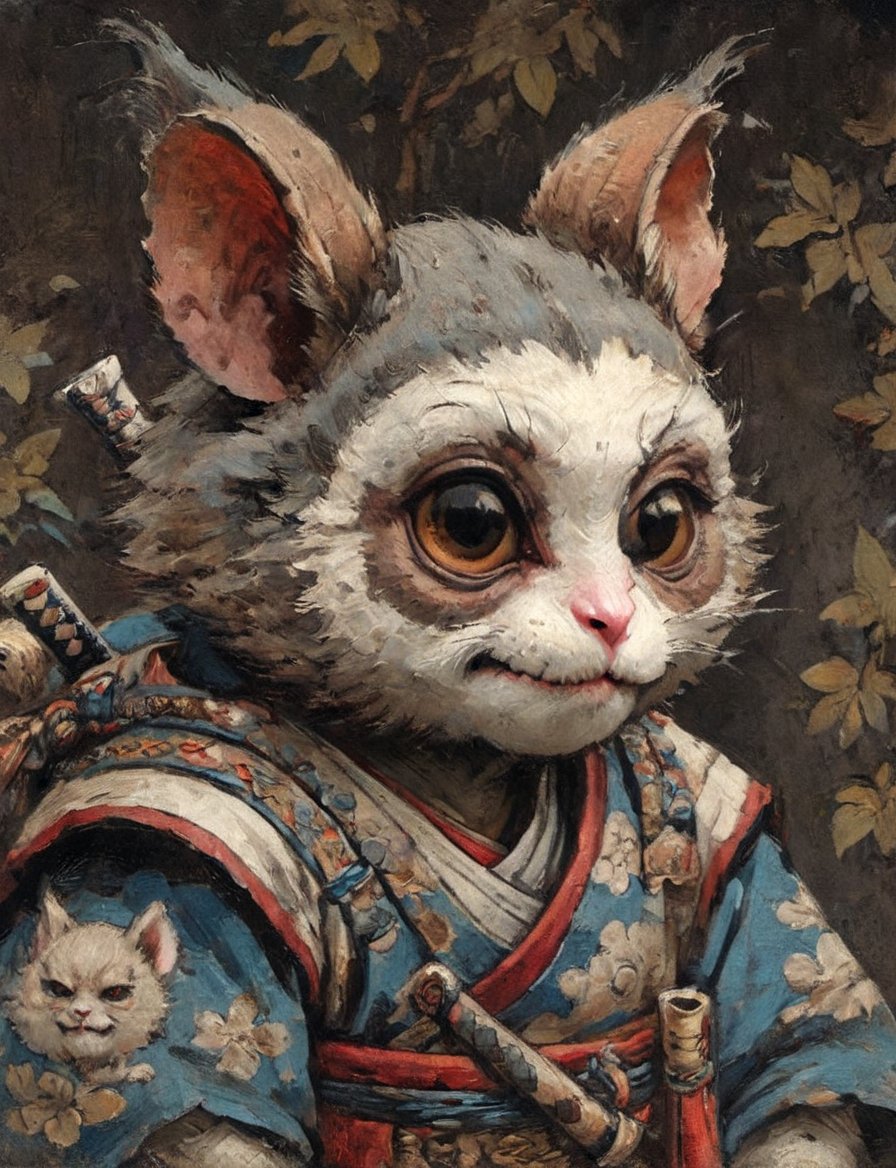 (close up, head and shoulders portrait:1.3), (anthromorphic bush baby :1.6), oni_horns, samurai , samurai armor , brown, blue, violet , white and black color scheme , (dark background:1.2), Ukiyo-e,ink,colorful,shogun