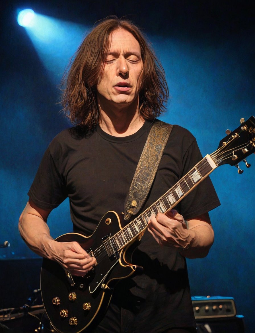 (head and shoulders portrait:1.2), Fred Mascherino, a guitarist, (playing gibson les paul guitar:1.2), performing on stage, brown_hair,  wearing black t-shirt, looking at the camera, singing, blue stage background, surreal fantasy, close-up view, chiaroscuro lighting, no frame, hard light, art by Zdzisław Beksiński,digital artwork by Beksinski