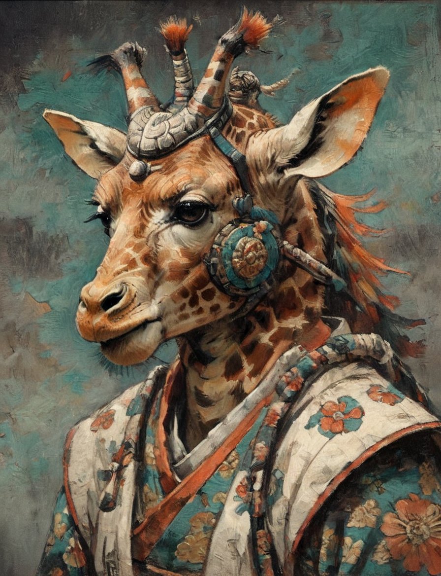 (close up, head and shoulders portrait:1.3), anthromorphic ( giraffe :1.6), oni_horns, samurai , samurai armor , brown, tangerine, teal , white and black color scheme , (dark background:1.2), Ukiyo-e,ink,colorful,shogun