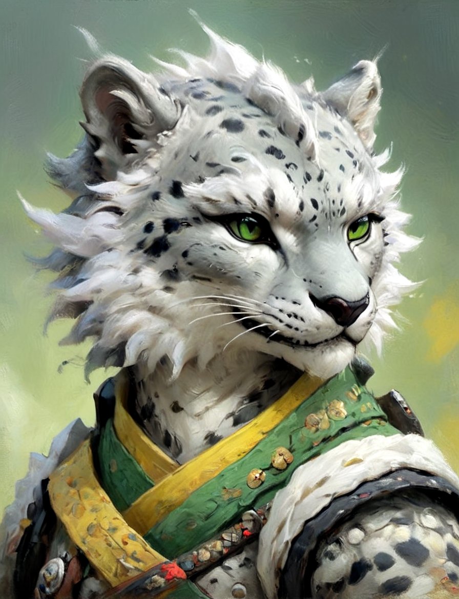 (close up, head and shoulders portrait:1.3), anthromorphic ( snow leopard :1.2) dragon, samurai , long mustache, samurai armor , green, yellow, white and black color scheme , Disney pixar style