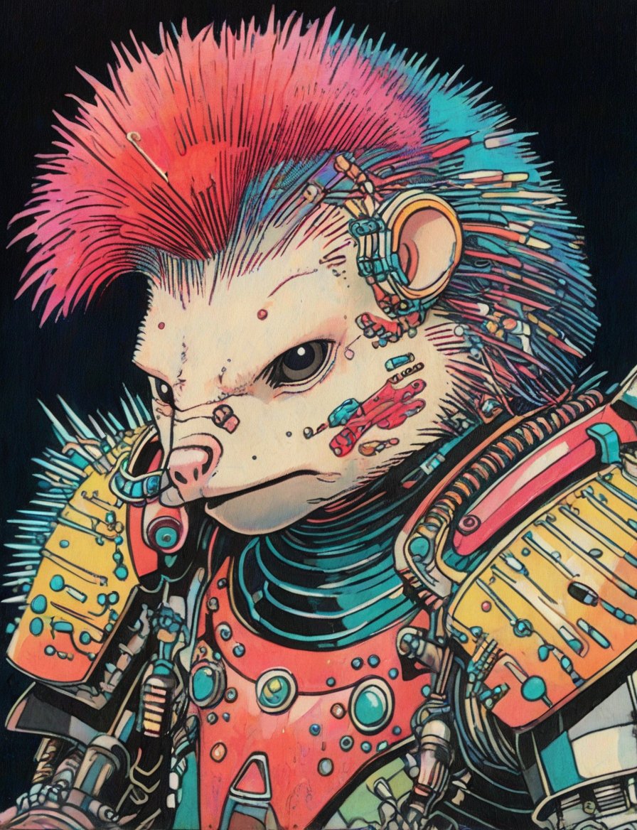 (head and shoulders portrait:1.2), (anthropomorphic porcupine cyborg :1.3) as a warrior, triadic colors, wearing sci-fi outfit , surreal fantasy, close-up view, chiaroscuro lighting, no frame, hard light,Ukiyo-e,ink,colorful