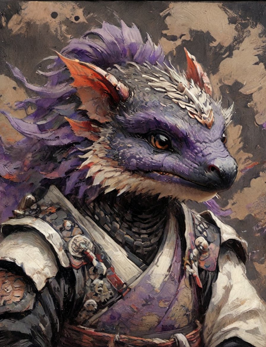 (close up, head and shoulders portrait:1.3), anthromorphic ( echidna :1.2) dragon, samurai , black samurai armor, brown, violet, white and black color scheme , (dark background:1.2), Disney pixar style,Ukiyo-e,ink,colorful,shogun