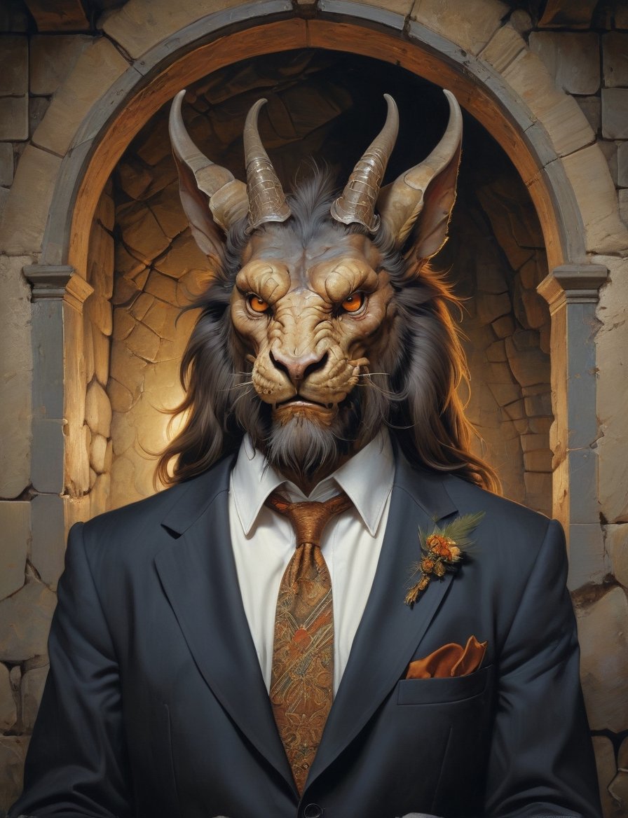 creative magic creature art, ( wolpertinger :1.8) (manticore :1.4), long beard, rabbit ears, wearing business suit, glowing eyes, head and shoulders portrait , hyper-detailed oil painting, art by Greg Rutkowski and (Norman Rockwell:1.5) , illustration style, symmetry , inside a medieval dungeon, cracked stone walls 