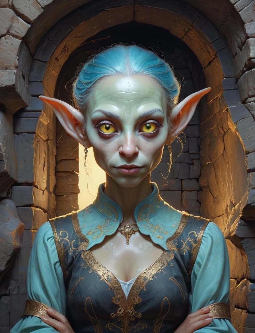 creative magic creature art, anthropomorphic creature fusion ( elf :1.6) (alien :1.8), female, prominent eyelashes, (bioluminescence :2), wearing business blouse , glowing eyes, head and shoulders portrait , hyper-detailed oil painting, art by Greg Rutkowski and (Norman Rockwell:1.5) , illustration style, symmetry , inside a medieval dungeon, cracked stone walls , huayu