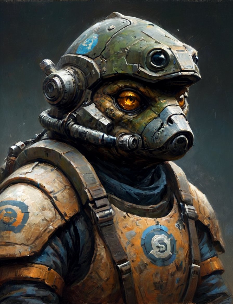 head and shoulders portrait, anthromorphic (cat:0.4) (turtle:0.7) , a hard-boiled atmosphere, futuristic power armor, bounty hunter 