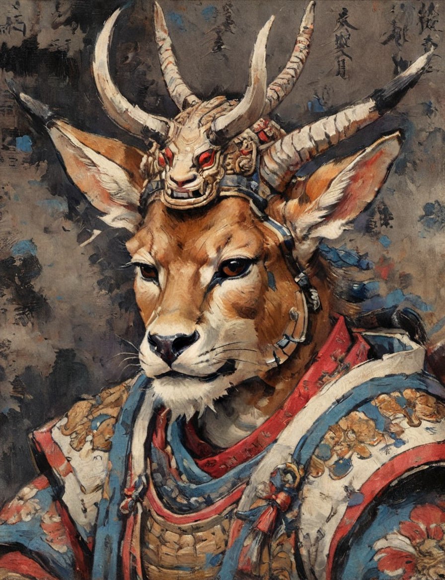 (close up, head and shoulders portrait:1.3), (anthromorphic impala :1.6), oni_horns, samurai , samurai armor , brown, blue, violet , white and black color scheme , (dark background:1.2), Ukiyo-e,ink,colorful,shogun
