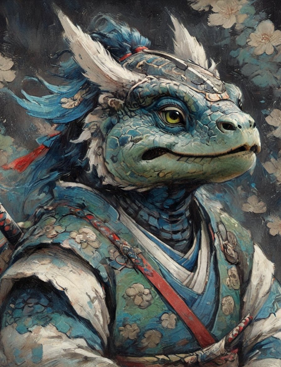 (close up, head and shoulders portrait:1.3), anthromorphic ( turtle :1.2) dragon, samurai , black samurai armor, green, blue , white and black color scheme , (dark background:1.2), Disney pixar style,Ukiyo-e,ink,colorful,shogun