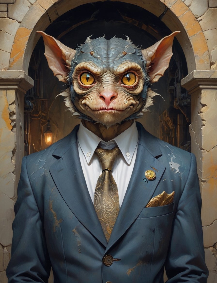creative magic creature art, creature fusion ( tarsier :0.8) (dragon :1.8), (cyberpunk gear :2), wearing business suit, glowing eyes, head and shoulders portrait , hyper-detailed oil painting, art by Greg Rutkowski and (Norman Rockwell:1.5) , illustration style, symmetry , inside a medieval dungeon, cracked stone walls , huayu