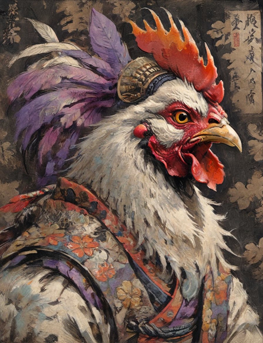 (close up, head and shoulders portrait:1.3), (anthromorphic rooster :1.6), oni_horns, samurai , samurai armor , brown, tangerine, violet , white and black color scheme , (dark background:1.2), Ukiyo-e,ink,colorful,shogun