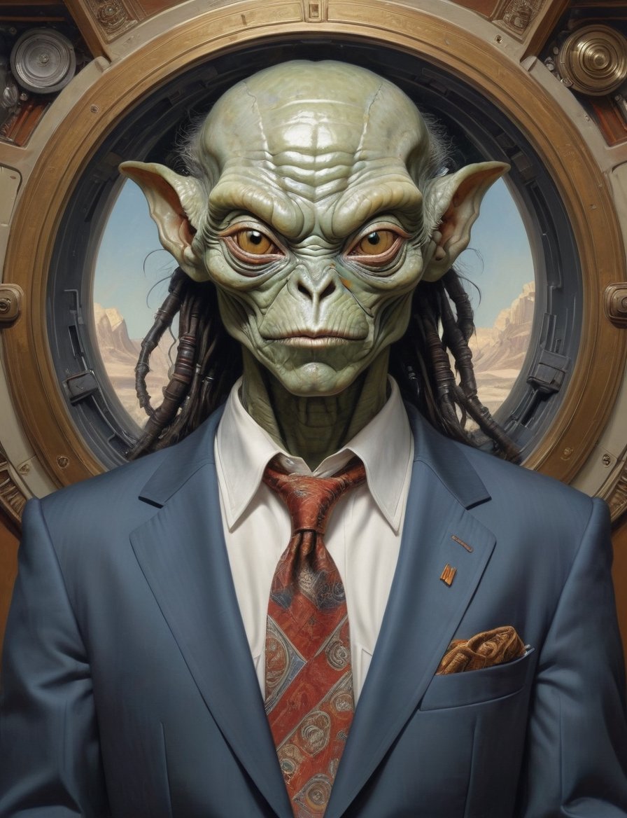 Star Wars alien wearing a business suit, head and shoulders portrait , hyper-detailed oil painting, art by Greg Rutkowski and (Norman Rockwell:1.5) , illustration style, symmetry , inside starship interior , huayu