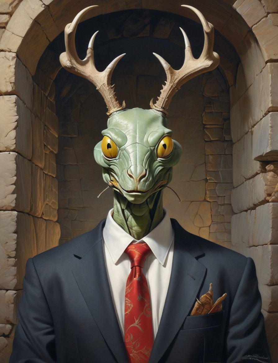 creative magic creature art, creature fusion ( rabbit :1.4) (mantis :1.8), (antlers:2), wearing business suit, glowing eyes, head and shoulders portrait , hyper-detailed oil painting, art by Greg Rutkowski and (Norman Rockwell:1.5) , illustration style, symmetry , inside a medieval dungeon, cracked stone walls , huayu