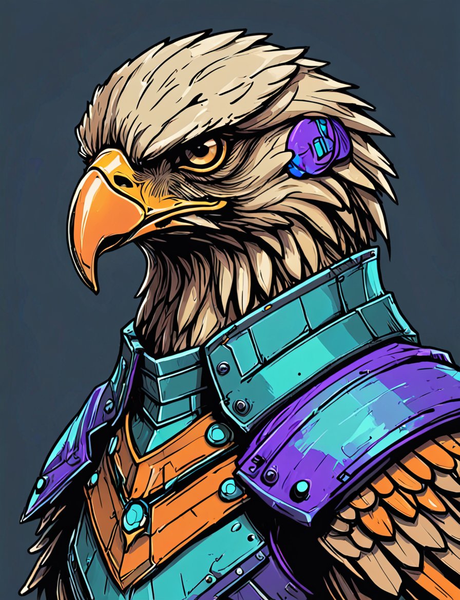 (close up, head and shoulders portrait:1.3), tangerine and teal, (anthromorphic eagle :1.6), wearing blue and violet sci-fi polycarbonate armor, (strong outline sketch style:1.5), gritty fantasy, (darkest dungeon art style :1.4), dark muted background, detailed