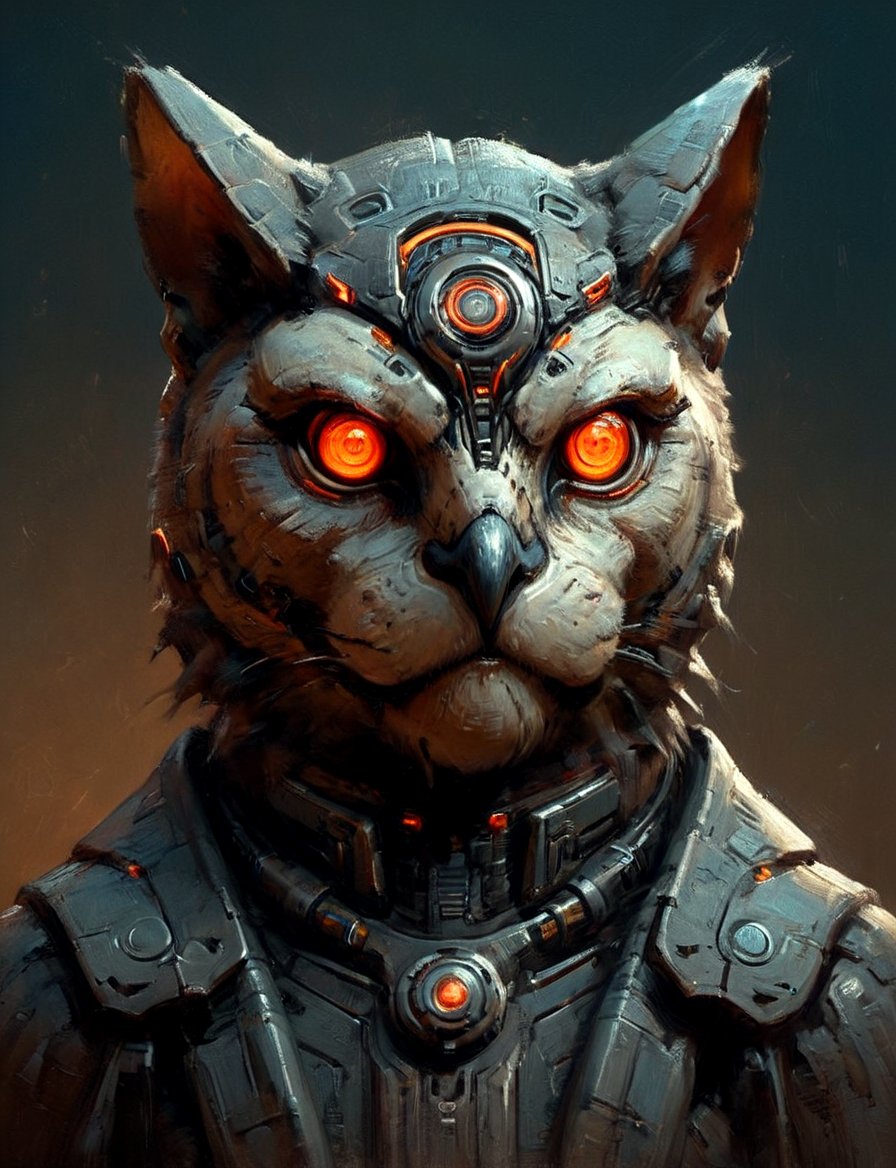(close up, head and shoulders portrait:1.3), anthromorphic, High tech cybernetic (owl:1.2) (sphinx:1.7), multi Eyes,Glowing mechanical eyes, high-tech cybernetic body, futuristic power armor, bounty hunter ,xl_cpscavred,mad-cyberspace,cyberpunk