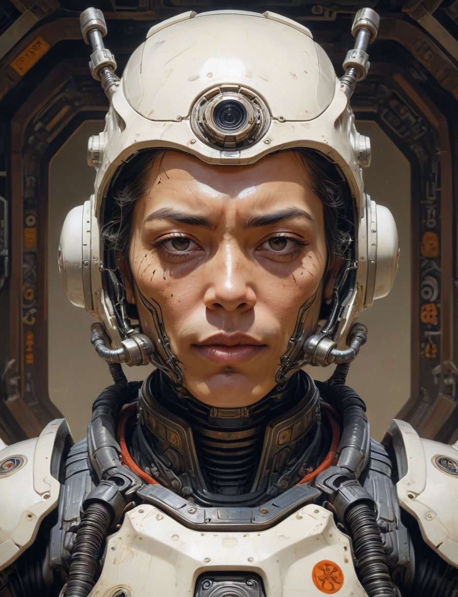 Sci-fi samurai cyborg wear full power armor , head and shoulders portrait , hyper-detailed oil painting, art by Greg Rutkowski and (Norman Rockwell:1.5) , illustration style, symmetry , inside alien starship interior , huayu