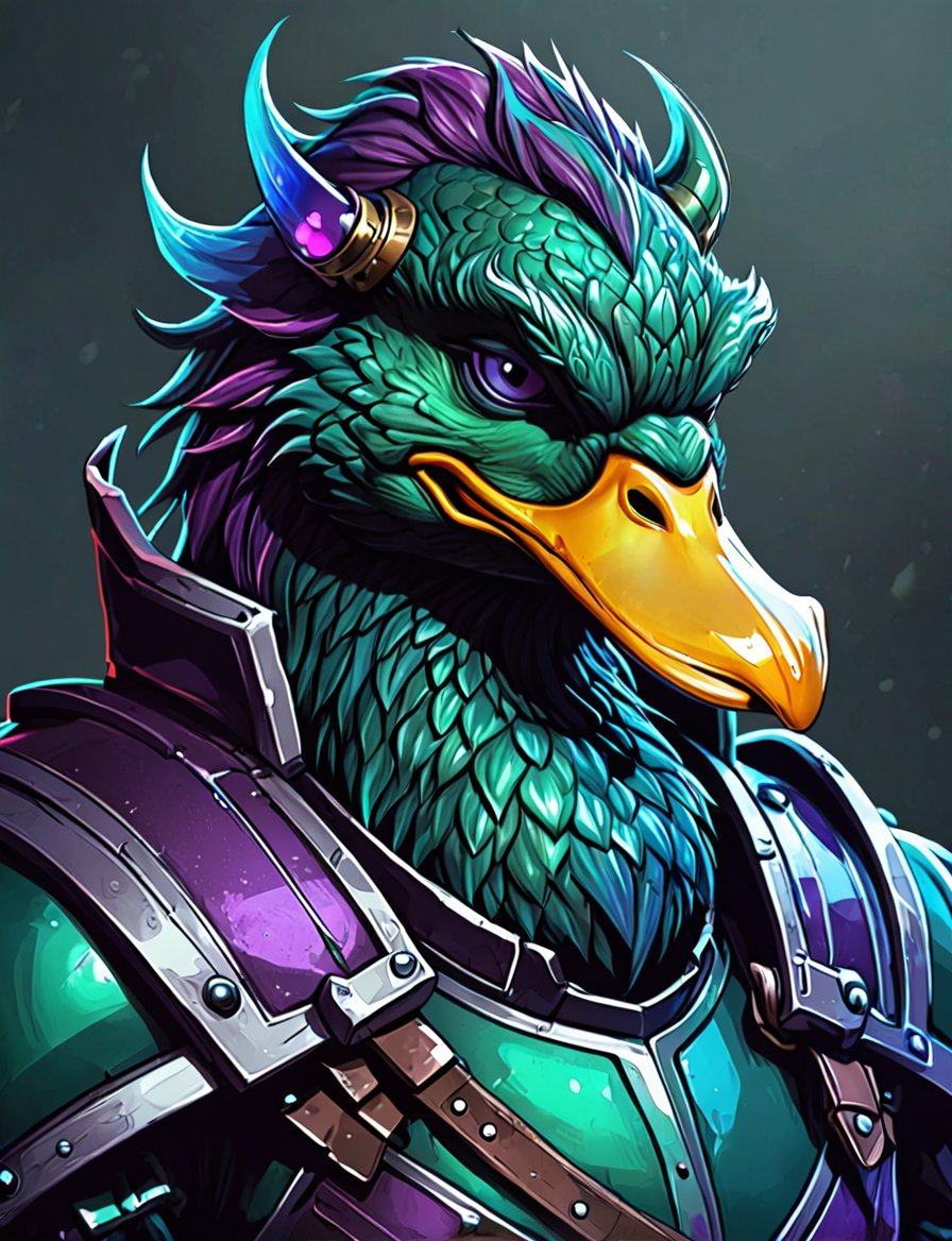 (close up, head and shoulders portrait:1.3), teal and green gradient , (anthromorphic duck manticore :1.6), wearing blue and violet sci-fi polycarbonate armor, (strong outline sketch style:1.5), gritty fantasy, (darkest dungeon art style :1.4), dark muted background, detailed