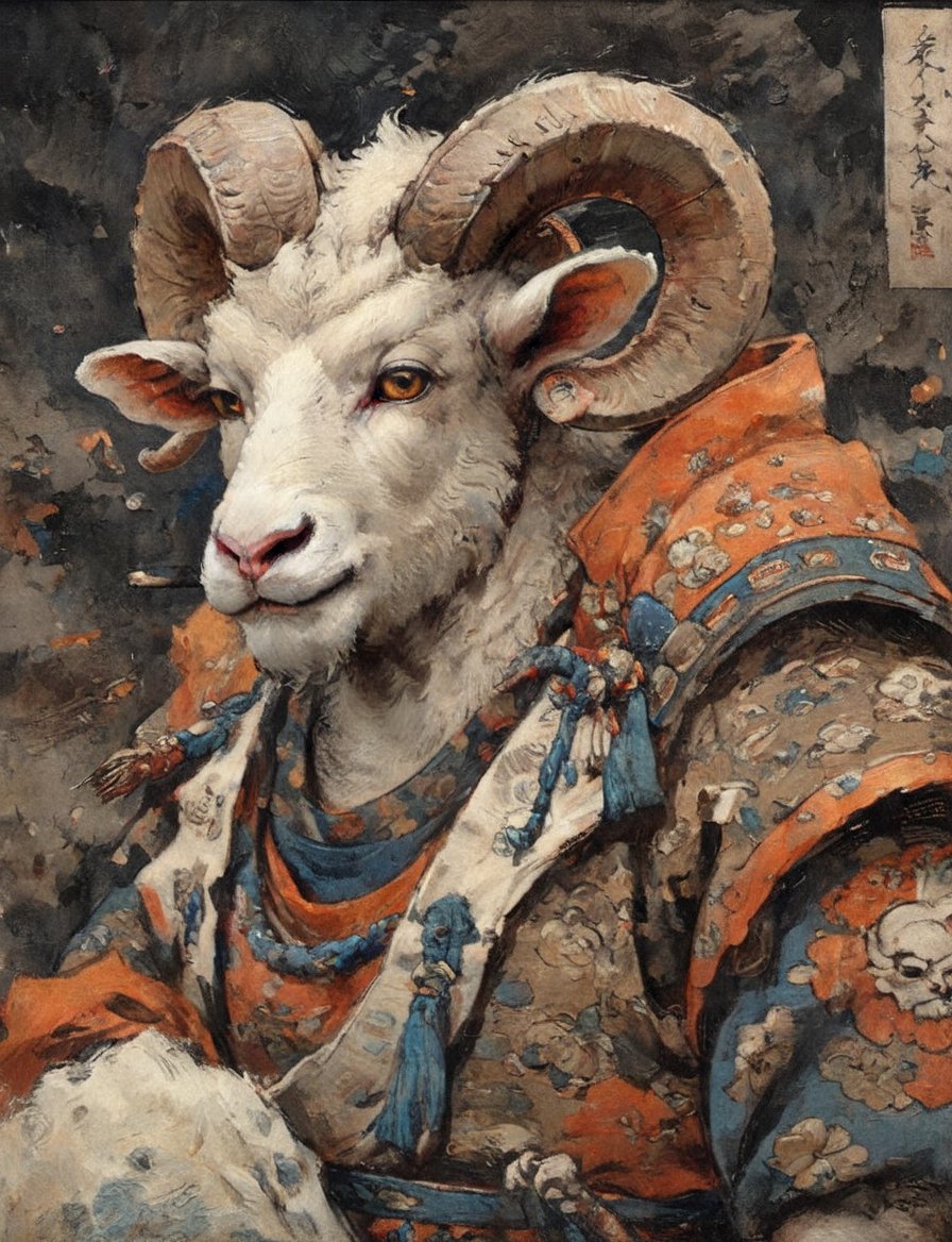 (close up, head and shoulders portrait:1.3), anthromorphic ( ram :1.6), oni_horns, samurai , samurai armor , brown, tangerine, sapphire , white and black color scheme , (dark background:1.2), Ukiyo-e,ink,colorful,shogun