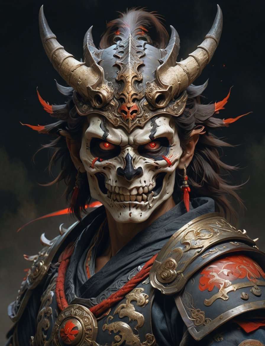 A male, painted skull face, dragon helm, wearing intricate samurai armor . red eyes, a glowing red sword of magic, Best quality rendering, serious face expression. Dark night,cinematic lighting,dark art ,Fog, head and shoulders portrait , hyper-detailed oil painting, art by Greg Rutkowski and (Norman Rockwell:1.5) , illustration style, symmetry , mideval dungeon setting , huayu