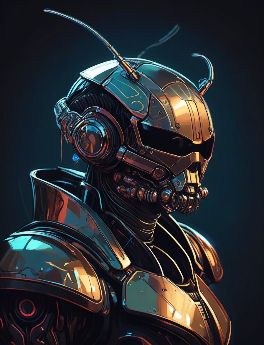 (head and shoulders portrait:1.2), anthropomorphic (cyberpunk:1.3) beetle wearing armor (outline sketch style:1.5), gritty fantasy, (art by Syd Mead:1.8), dark muted background, muted colors, detailed, 8k