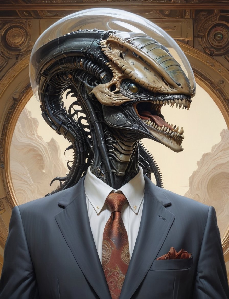 Sci-fi xenomorph alien wearing a business suit, head and shoulders portrait , hyper-detailed oil painting, art by Greg Rutkowski and (Norman Rockwell:1.5) , illustration style, symmetry , inside starship interior , huayu