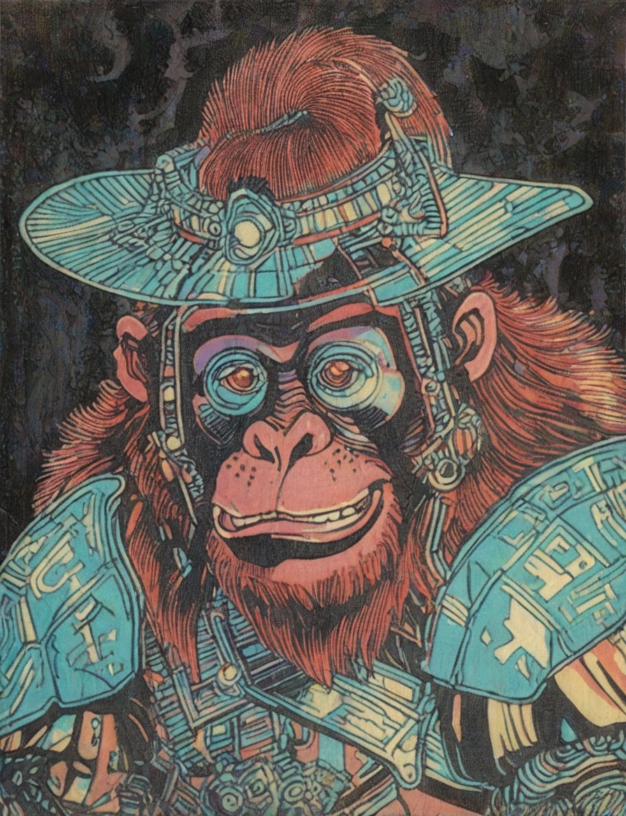 (head and shoulders portrait:1.2), (anthropomorphic orangutan :1.3) as a warrior, zorro mask, holographic glowing eyes, wearing sci-fi outfit , surreal fantasy, close-up view, chiaroscuro lighting, no frame, hard light,Ukiyo-e