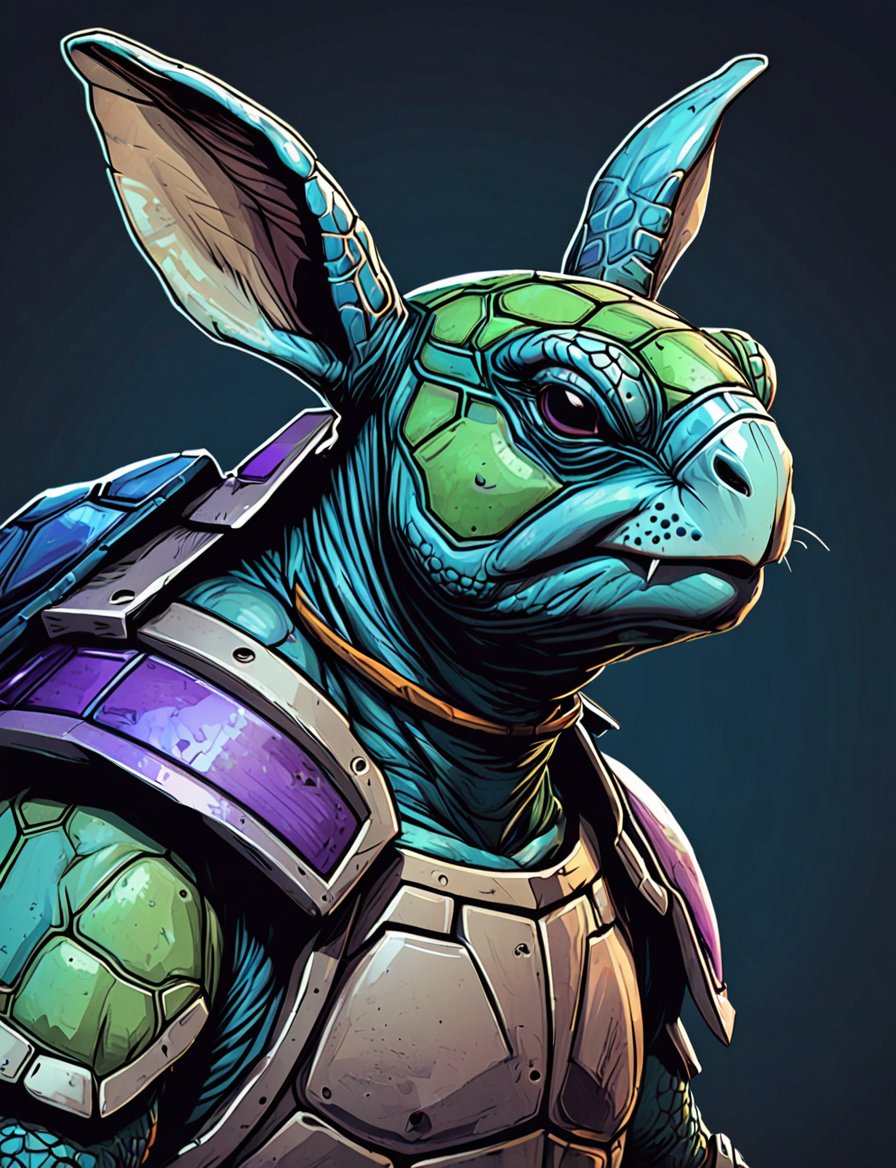(close up, head and shoulders portrait:1.3), blue and green gradient , (anthromorphic turtle rabbit :1.6), rabbit ears, wearing blue and violet sci-fi polycarbonate armor, (strong outline sketch style:1.5), gritty fantasy, (darkest dungeon art style :1.4), dark muted background, detailed