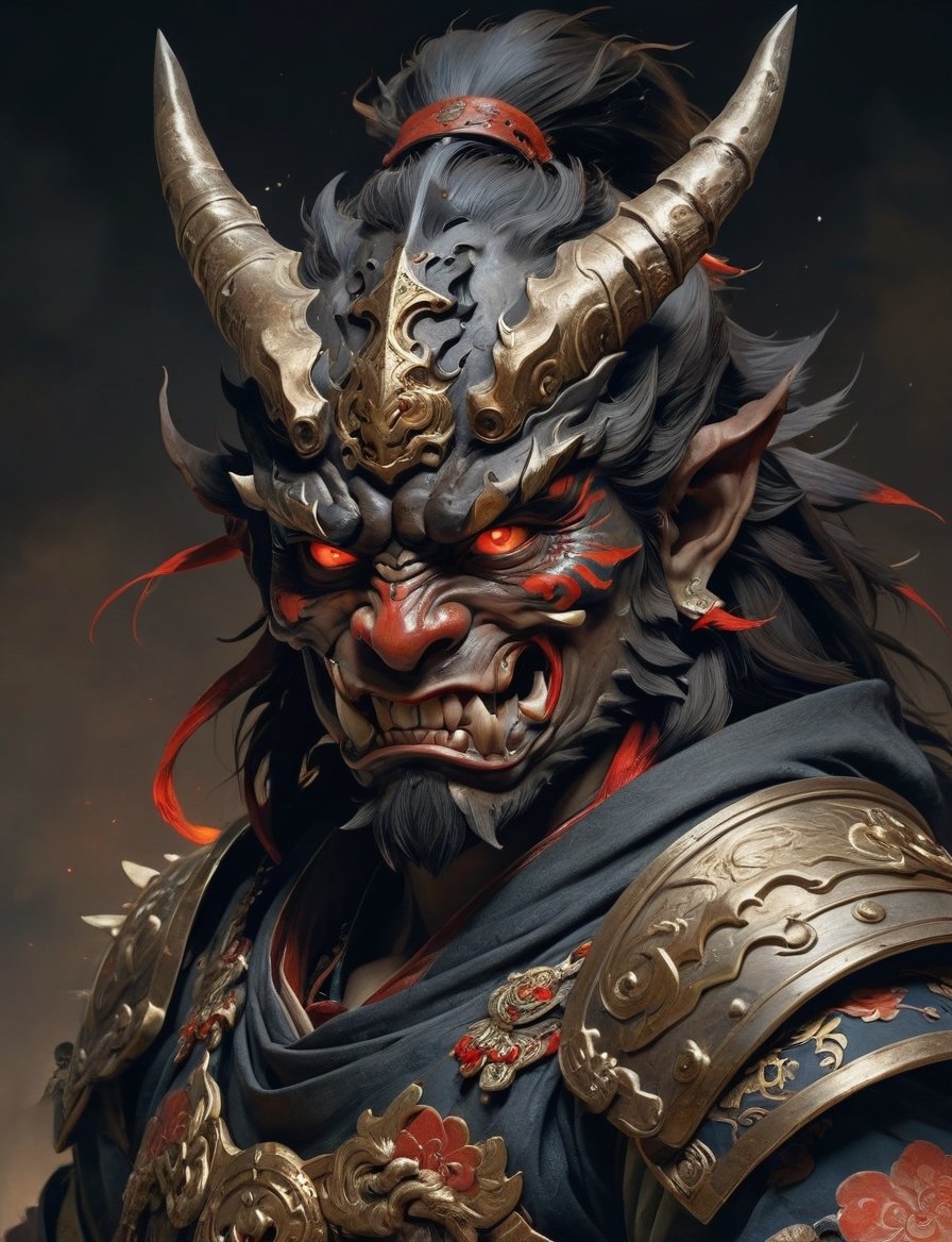 A male, painted oni face, dragon helm, large sharp teeth, wearing intricate samurai armor . red eyes, a glowing red sword of magic, Best quality rendering, serious face expression. Dark night,cinematic lighting,dark art ,Fog, head and shoulders portrait , hyper-detailed oil painting, art by Greg Rutkowski and (Norman Rockwell:1.5) , illustration style, symmetry , mideval dungeon setting , huayu