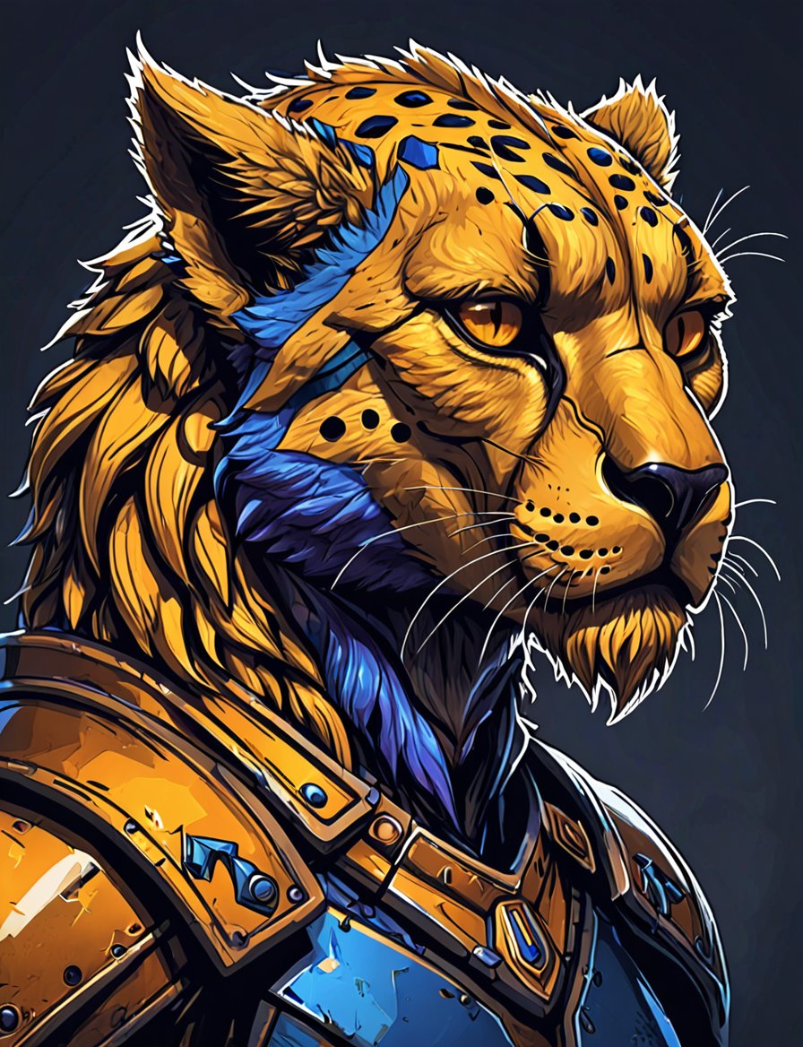 (close up, head and shoulders portrait:1.3), yellow and orange gradient , (anthromorphic cheetah manticore :1.6), wearing blue and violet sci-fi polycarbonate armor, (strong outline sketch style:1.5), gritty fantasy, (darkest dungeon art style :1.4), dark muted background, detailed