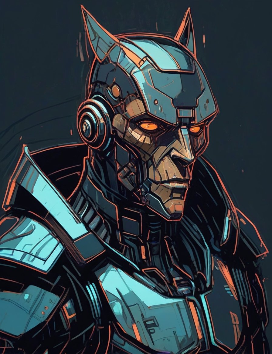 (head and shoulders portrait:1.2), anthropomorphic (cyberpunk:1.3) tech vampire wearing armor (outline sketch style:1.5), gritty fantasy, (art by Syd Mead:1.8), dark muted background, muted colors, detailed, 8k